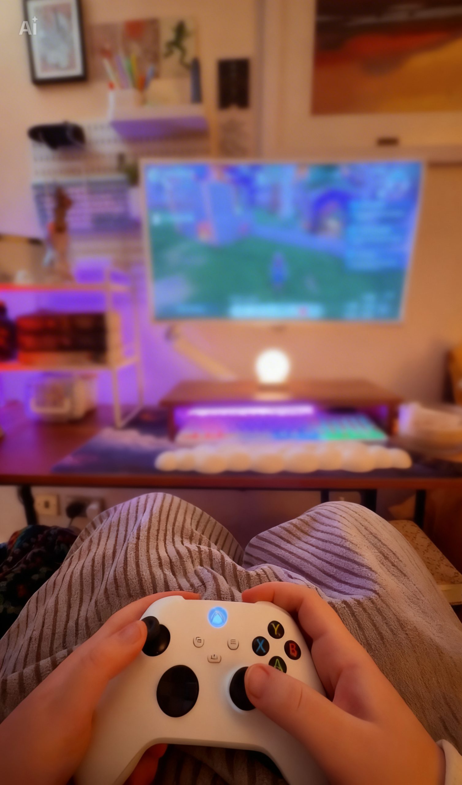Cosy gaming setup with a hand holding a white controller and purple ambient lighting