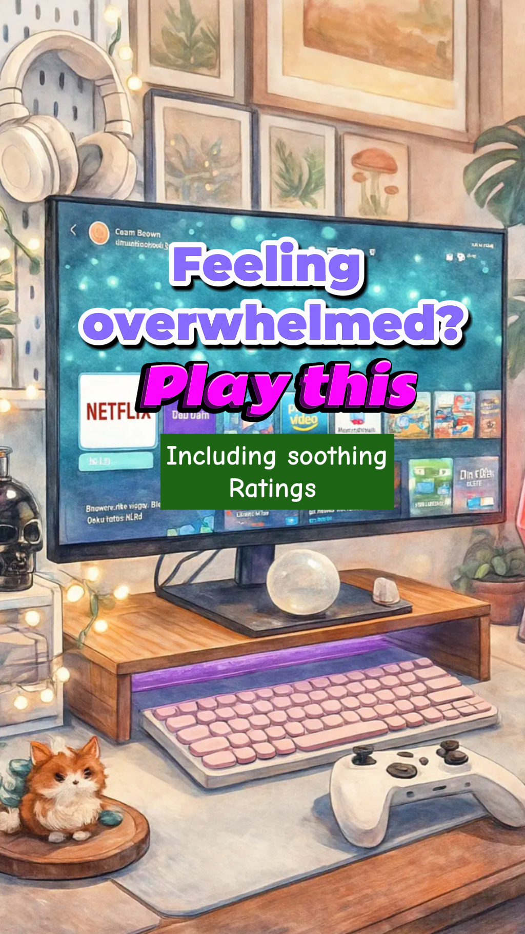 Illustrated cosy gaming setup with a screen showing soothing game recommendations